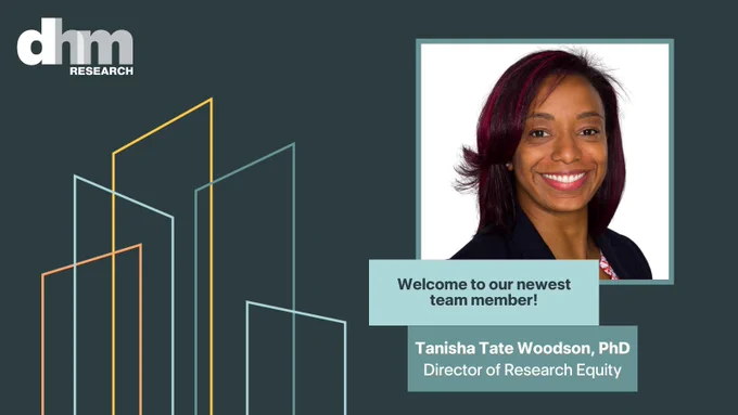 Image of woman smiling. Text: Welcome to our newest team member! Tanisha Tate Woodson, PhD, Director of Research Equity