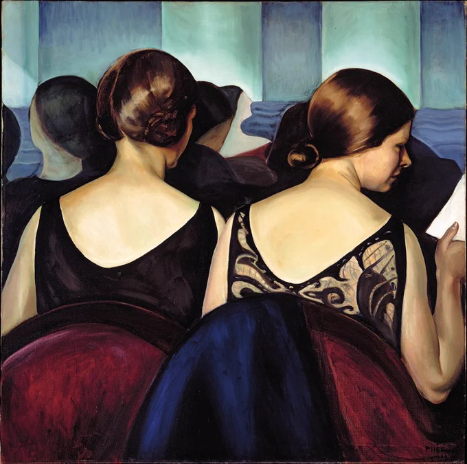 Painting of the backs people at a concert