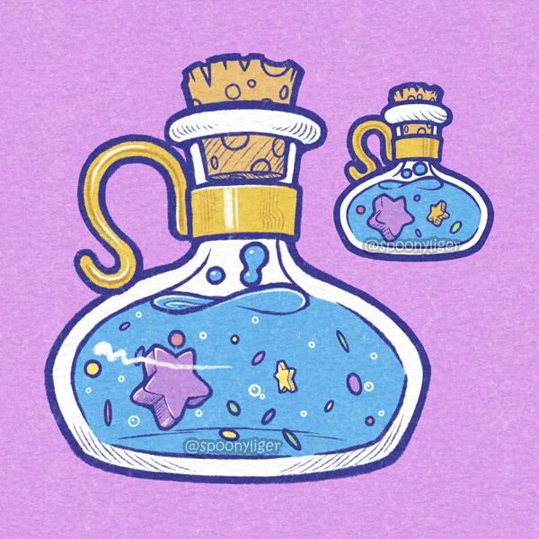 Two glass potion bottles with baby-blue liquid in which two star charms float surrounded by much smaller disc-shaped confetti of various pastel colors. The bottles have cylindrical cork lids, and have a golden handle attached to a wide golden band on their neck.
