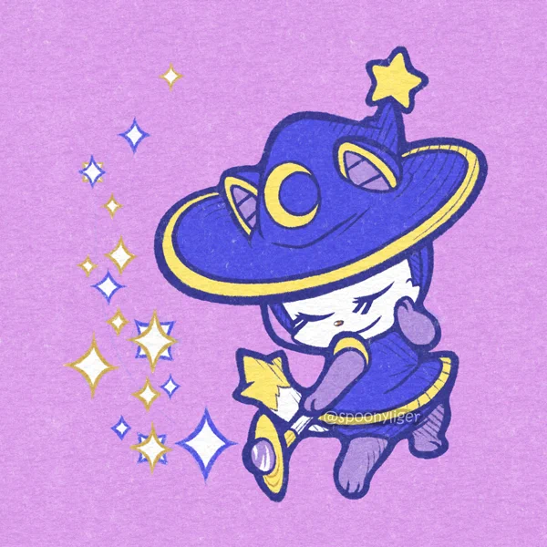 A white cat character in an indigo space suit with yellow bands on the shoulders, and a flared-out skirt shape at the waist with a yellow ring along the edge, a matching witch hat with a yellow crescent moon on the front, a yellow rim, and a yellow star shape at the tip, worn over a space helmet with incorporated cat ears, wearing long lilac gloves and leggings, and gracefully swinging a magical wand with a Saturn-shaped head leaving a trail of colored sparkles in its wake.