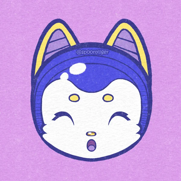 The head of a white cat character with smiling eyes, a pair of stubby yellow eyebrows, a golden nose, a small o-shaped mouth, and wearing an indigo space helmet with incorporated cat ears.