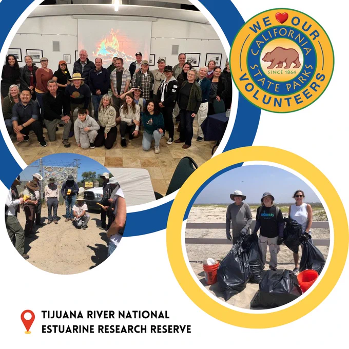 3 circle images. First and largest has a blue border and has a large group of Volunteers using in a room that has photos and a projector in the background. The end image has a yellow border and has 3 volunteers at the Tijuana Estuary with trash bags. The smaller circle photo has park volunteers huddled at the entrance to Tijuana Estuary deep in discussion. There is a location icon at the bottom left. Next to it reads “TIJUANA RIVER ESTUARY ESTUARINE RESEARCH RESERVE”.