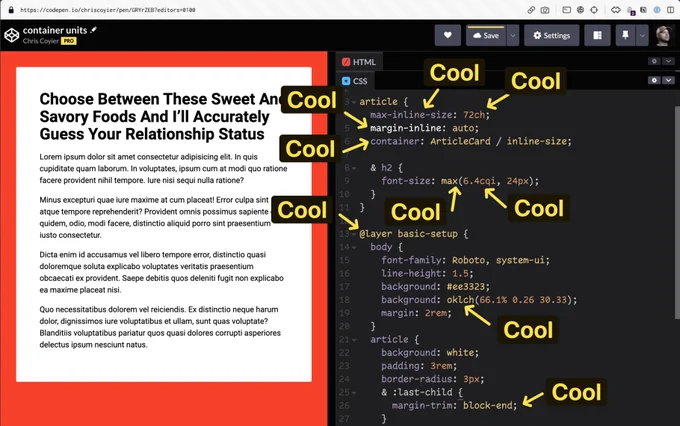 cool list:

1. logical properties
2. two-value margins
3. container property
4. which makes container units work
5. native nesting
6. max()
7. layers
8. oklch
9. margin-trim