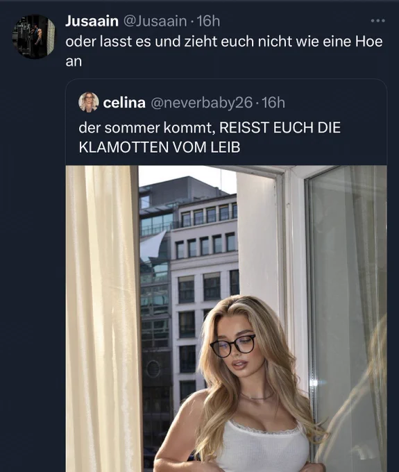 Screenshot von einem zitierten tweet von @jusaain er schreibt „oder lasst es und zieht euch nicht wie eine Hoe an“ - zitiert hat er @neverbaby26 die schrieb „der sommer kommt, REISST EUCH DIE KLAMOTTEN VOM LEIB“