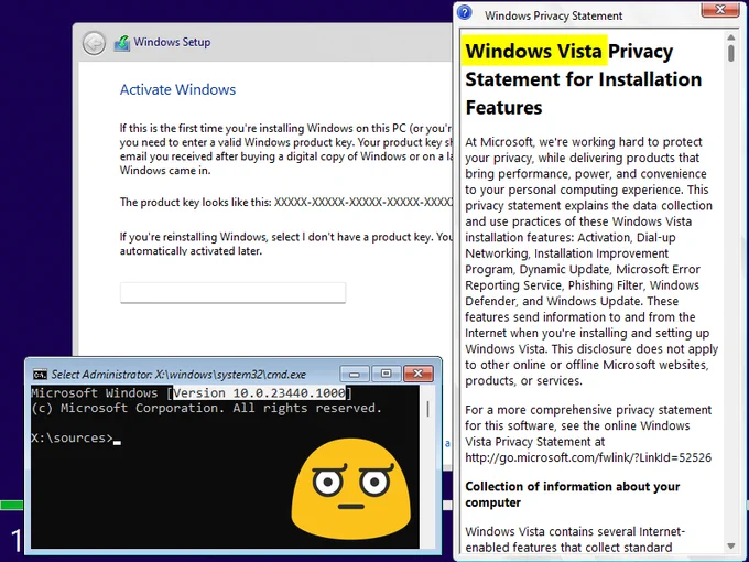 Windows 11 Setup showing the Privacy Statement window mentioning "Windows Vista", this is from Windows 11 Insider Preview Dev Build 23440.