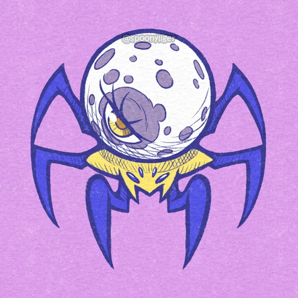 A spider-like alien creature with six indigo legs, a yellow star-shaped head with two mandibles and four narrow indigo eyes, and a white spherical abdomen on top of its head with dark lilac spots and marks resembling craters on a moon, the largest of which surrounds a human-like eye with 5 long lashes and a golden iris.