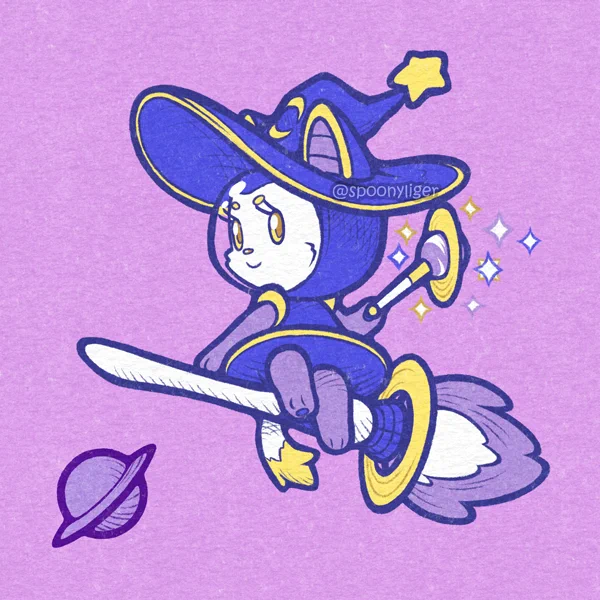 A white cat character in an indigo space suit with yellow bands on the shoulders, and a flared-out skirt shape at the waist with a yellow ring along the edge, wearing a matching witch hat with a yellow crescent moon on the front, a yellow rim, and a yellow star shape at the tip, over a space helmet with incorporated cat ears, also wearing long lilac gloves and leggings, and holding onto a magical wand with a Saturn-shaped head surrounded by colored sparkles, riding on a white broomstick-like rocket with a yellow donut-like flat shape around the engine of the rocket which is blasting a flame of white and lilac. A small, lilac Saturn-shaped charm floats on the lower-left corner of the image.