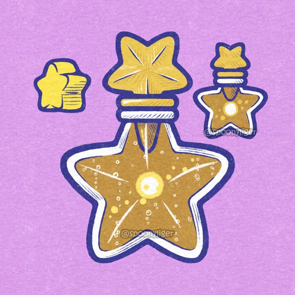 Two star-shaped glass bottles filled with an amber-colored liquid in which a small spherical light floats in the center surrounded by much smaller lights like it orbiting around like planets around a sun. The bottles have golden lids with a star-shaped top. A star-shaped yellow charm floats towards the top-left of the image.