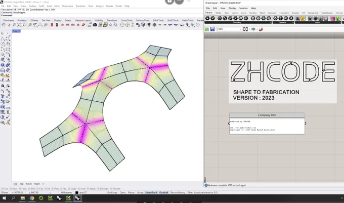 A screenshot from Rhinoceros 3D and Grasshopper software applications, developed by Robert McNeel and Associates. In the Rhino 3d view, there is a 3d model that has been painted with colors which visualize the edge lengths across the 3d model. This information is useful for understanding how to fabricate this 3d model.