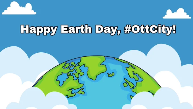A pictogram of the earth is in the bottom centre of the graphic with white and light blue clouds surrounding it. The background colour is a marine blue. In the centre of the photo, "Happy Earth Day, #OttCity!" is written in white with a black outline.