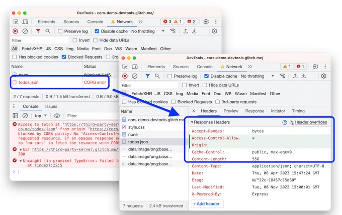 You can now override response headers in the Network panel. Previously, you needed access to the web server to experiment with HTTP response headers.
With response header overrides, you can locally prototype fixes for various headers, including but not limited to:
Cross-Origin Resource Sharing (CORS) Headers
Permissions-Policy Headers
Cross-Origin Isolation Headers