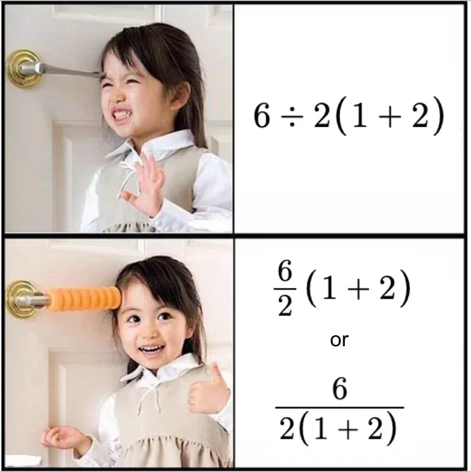 Top half: Kid with door knob hitting the forehead. 6÷2(1 2)
Bottom half: Kid with door knob hitting forehead but there is protection on the door knob. 6/2 (1 2) or 6/(2(1 2))