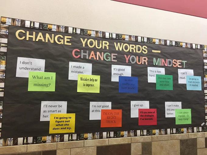 Photograph of a classroom display titled "Change your words - change your mindset" including examples of negative thoughts (like "I don't understand") and their positive twists ("What am i missing?").