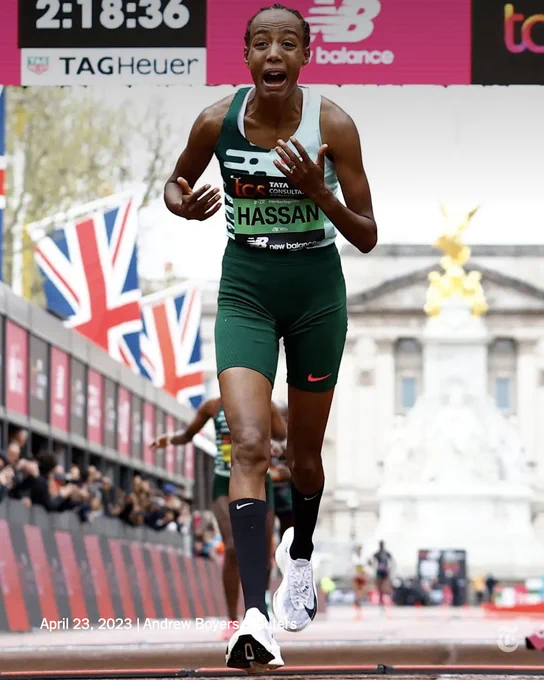 Sifan Hassan looks stunned as she crosses the finish line first in the women’s race on Sunday in London. Photo by Andrew Boyers/Reuters.