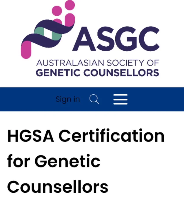 Screenshot from Australasian society of genetic counsellors website stating HGSA certification for genetic counsellors