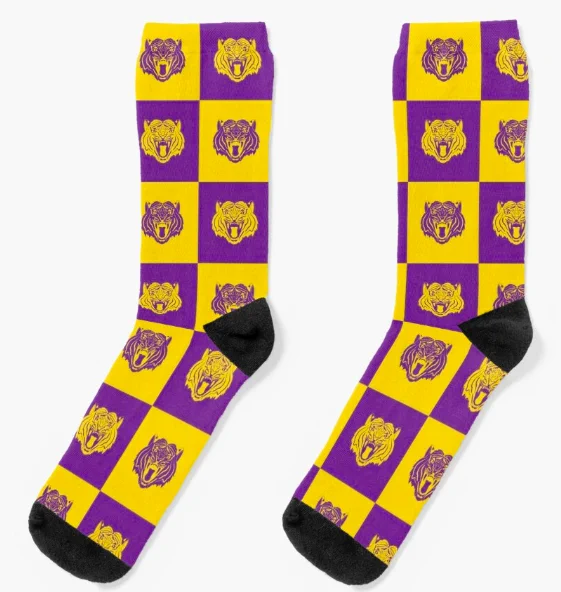 Our purple and gold alternating tiger design is shown on a pair of socks.