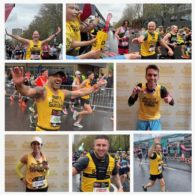 A collage of various marathon photos, some are of runners during the marathon and some are of runners holding their medals in front of a Rays of Sunshine banner.