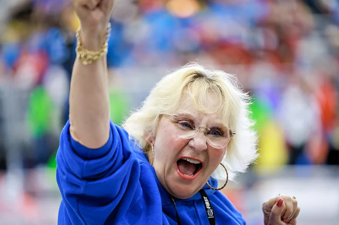 Denise Bohnsack cheers on FRC 180 S.P.A.M. at the 2023 World Championship in Houston.
