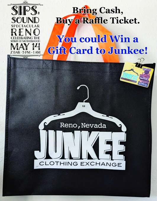 Purchase a Raffle Ticket at our Reno Fundraiser at the Z Bar on Mother's Day!

You could possible win a gift card from the Junkee Clothing Exchange!

Event details: ewp.ticketspice.com/reno2023

Raffle tickets are cash sales only at the event.
(No preorders. Must be present to win)


Make sure to support Junkee Clothing Exchange as well!
 
http://www.junkeeclothingexchange.com/

#junkeeclothingexchange #supportlocalbusiness #everywhenproject #midtownreno #supportcharity #supportartists 
