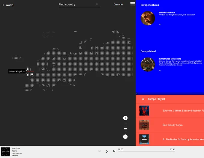 A screenshot from MusicMap - showing the map preview and some of the music outputs from that region