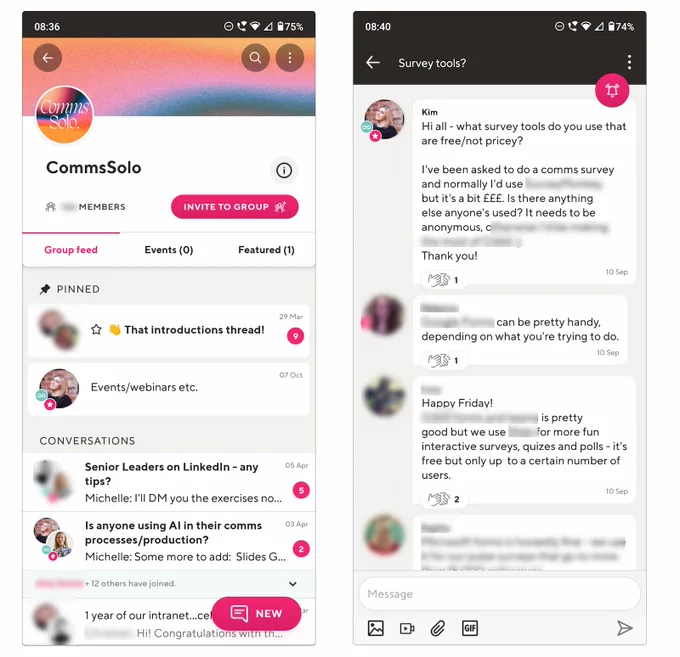 Two mobile phone screens showing the CommsSolo group on Guild. Names, faces and identifying data are blurred out from an example conversation and a screenshot of the group's homescreen showing several conversation titles.