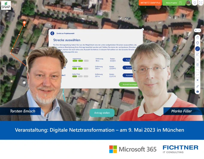📌 Wir freuen uns sehr, dass die beiden Masterminds / Projektleiter 𝗠𝗮𝗿𝗸𝗼 𝗙𝗶𝗹𝗹𝗲𝗿 und 𝗧𝗼𝗿𝘀𝘁𝗲𝗻 𝗘𝗺𝗶𝘀𝗰𝗵 das MITNETZ SNAP Projekt zur schnellen Netzanschlussprüfung in der Mittelspannung auf unserer Veranstaltung am 9. Mai in München persönlich vorstellen werden. Das sehr erfolgreiche Projekt hat bereits binnen kurzer Zeit über 30.000 Netzanfragen bei der enviaM-Gruppe für den Ausbau #erneuerbareenergien als digitale, automatisierte Prozesse abgebildet. Das Besondere? Die Auskunft wird dabei binnen Sekunden erteilt! Hier geht’s zum 𝗟𝗶𝘃𝗲-𝗣𝗼𝗿𝘁𝗮𝗹:
➡ https://lnkd.in/gntK2W4H

Treffen Sie die Beiden und Viele mehr anlässlich des Events zur "Digitalen Netztransformation" im Microsoft Germany Headquarter im Herzen Schwabings. 𝗔𝗻𝗺𝗲𝗹𝗱𝘂𝗻𝗴 hier:
➡ https://lnkd.in/eWz26xWk

#events #microsoft #utility #Netzbetreiber #FichtnerDigitalGrid 