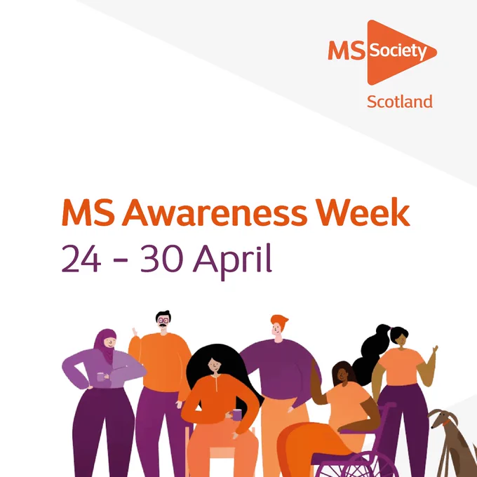 Text reads: MS Awareness Week
24 - 30 April

Below, there is a graphic illustration of different people, some standing and some in wheelchairs