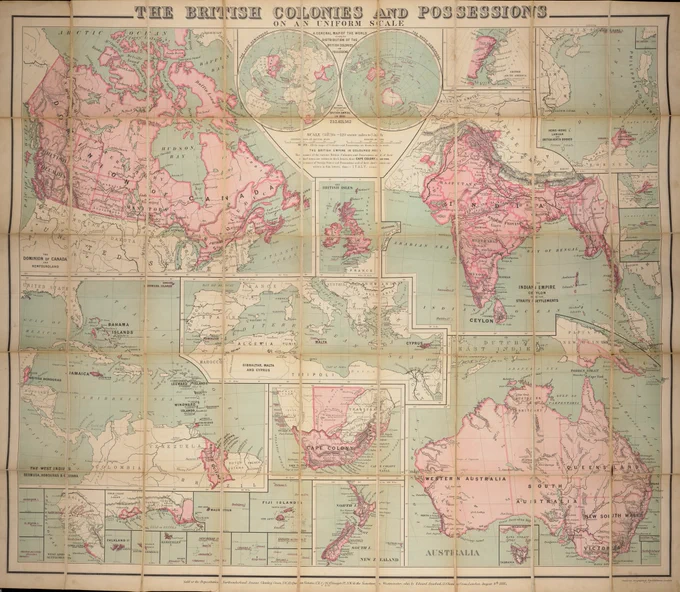 A general map of the world showing the distribution of the British colonies and possessions, 1885