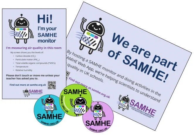 Image of two different SAMHE posters and some colourful SAMHE stickers. The smaller portrait poster is titled 'Hi, I'm your SAMHE monitor' and the larger lansdcape poster is titled 'We are part of SAMHE'.