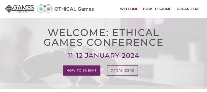 Screenshot of the ethicalgamesconference.org website mentioning that the conference happens on 11 and 12 January 2024