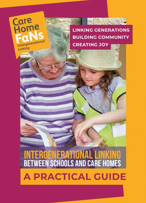 Handbook front page for Care Home FaNs: Intergenerational Linking, a practical guide for schools and care homes. The handbook is pink and orange and shows a younger and older person reading together