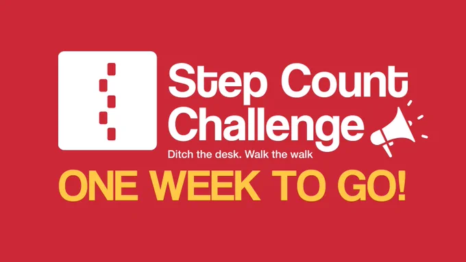 A red promotional graphic with a white Step Count Challenge logo, and yellow text reading, "One week to go!".