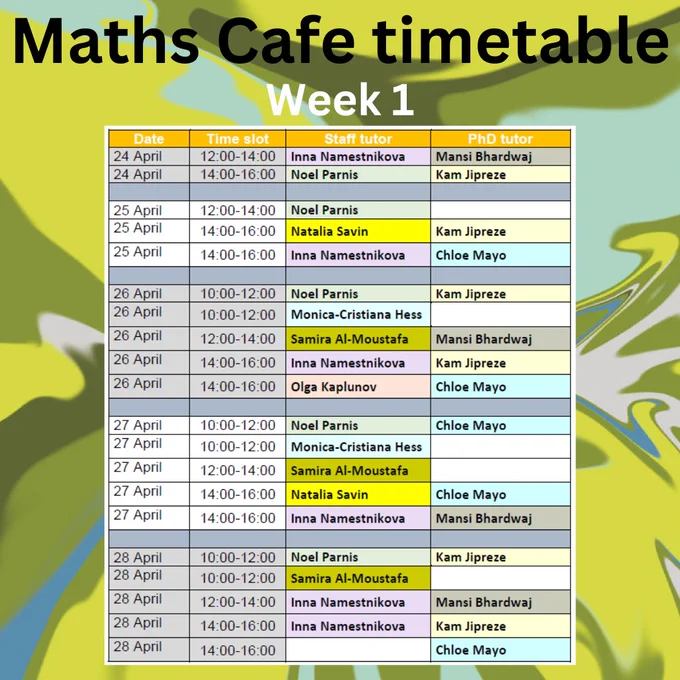 Table on marbled green background with names of tutors and days they are in Maths cafe