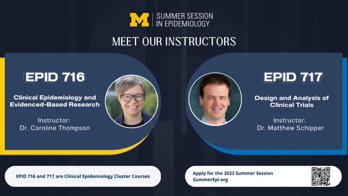 Summer Session in Epidemiology Meet our instructors EPID 716: Clinical Epidemiology and Evidenced-Based Research Instructor: Dr. Caroline Thompson EPID 717: Design and Analysis of Clinical Trials Instructor: Dr. Matthew Schipper Apply for the 2023 Summer Session at SummerEpi.org