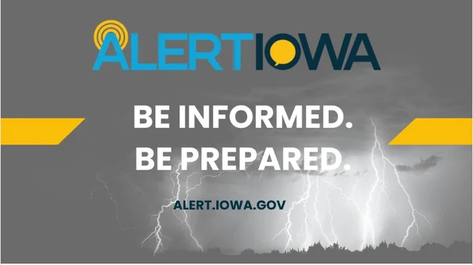 Image of lightning with the AlertIowa Logo and Be Informed. Be Prepared.  Alert.Iowa.gov