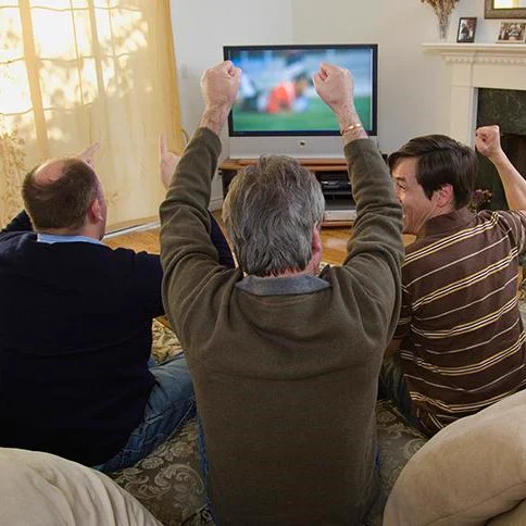 A photo of three men sat on a sofa at home, and watching sports on tv while cheering and celebrating. 