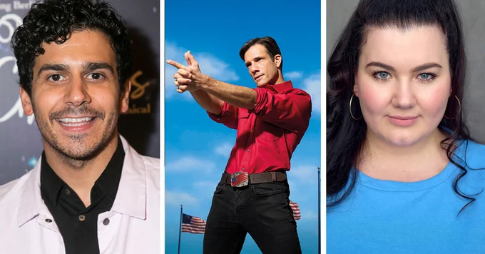A photo showing three performers set to appear in Assassins, each displayed in high res headshot. The middle image shows Danny Mac miming holding a gun 