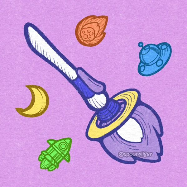 A broomstick-like rocket with a small, lilac cushion seat towards the engine which is surrounded by a donut-shaped yellow disc, and blasting a flame of white and lilac color. Four small charms shaped like a yellow crescent-moon, an orange meteor, a blue, typical UFO, and a green rocket float around the broomstick rocket.