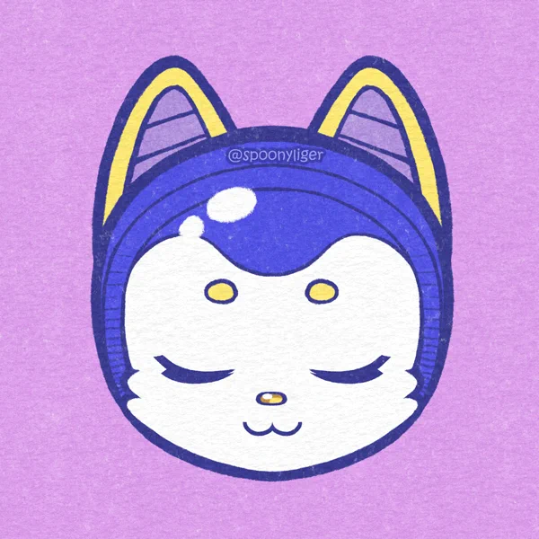 The head of a white cat character with closed, resting eyes, a pair of stubby yellow eyebrows, a golden nose, a 3-shaped mouth, and wearing an indigo space helmet with incorporated cat ears.