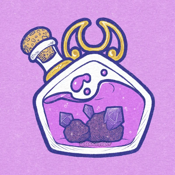 A glass potion bottle with a general pentagonal shape viewed from the side, sealed with a mushroom-shaped cork lid, a golden somewhat crescent moon-shaped handle at the top, and filled with a lilac-colored liquid in which are sunk two small asteroids with purple crystal embedded in them.