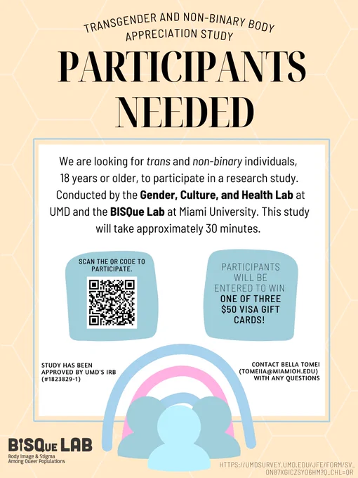 A flyer for a research Opportunity for Transgender and Non-Binary Individuals! The top reads "Transgender and Non-Binary Body Appreciation Study." Underneath the title, in bigger, bold words, it says "Participants Needed." Underneath the two titles is a white, rectangular box containing further information regarding the study. It reads, "We are looking for trans and non-binary individuals, 18 years or older, to participate in a research study. Conducted by the Gender, Culture, and Health Lab at UMD and the BISQue Lab at Miami University. This study will take approximately 30 minutes." Under the text, there are two blue organic boxes side by side; the one on the left says, "Scan the QR code to participate." with an image of a QR underneath. The box on the right says, "Participants will be entered to win one of three $50 Visa gift cards!" 