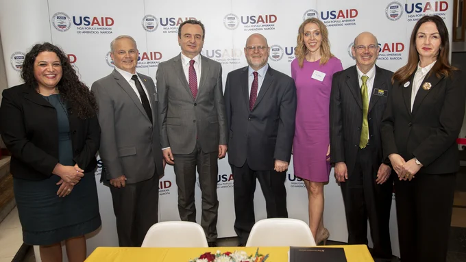 University of Iowa College of Education Dean Daniel L. Clay (second from left), Cassie Barnhardt,  Higher Education and Student Affairs Associate Professor from the University of Iowa College of Education, (third from right), and Russell Ganim, associate provost and dean of UI International Programs (second from right),  with the prime minister of Kosovo, Albany Kurti, U.S ambassador in Kosovo, Jeffrey M. Hovenier, Minister of Education, Science and Technology, Arberie Nagavci, and USAID Kosovo's Mission Director, Zeinah Salahi. 