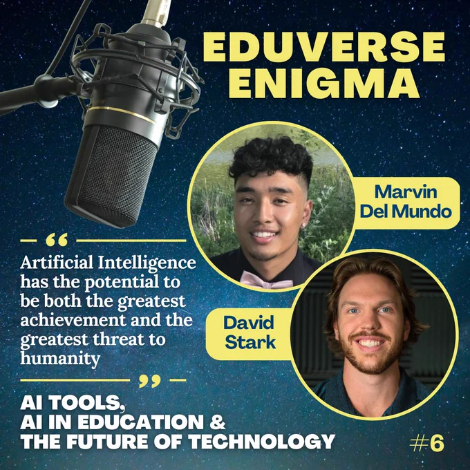 A promotional photo for the Eduverse Enigma podcast's 6th episode. The photo features David Stark and Marvin Del Mundo, employees of XpertVR, who are the special guests of the week. The podcast covers topics such as AI tools, AI in education, and the future of technology and artificial intelligence. In the center of the photo is the title of the podcast, "Eduverse Enigma", with the quote "Artificial Intelligence has the potential to be both the greatest achievement and the greatest threat to humanity" displayed below it. The photo also includes a graphic of a microphone and sound waves, indicating that this is an audio podcast.