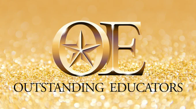 Glittery gold background with the letters OE and Outstanding Educators prominently featured.