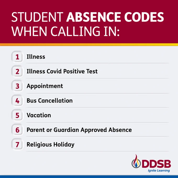 Student Absence Codes When Calling In:
1. Illness
2. Illness COVID Positive Test
3. Appointment
4. Bus Cancellation
5. Vacation
6. Parent or Guardian Approved Absence
7. Religious Holiday