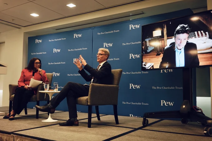 Photo of (left to right) Beverly Kirk, professor at the S.I. Newhouse School of Public Communications at Syracuse University; Michael Dimock, president of Pew Research Center; and Ken Burns, documentary filmmaker.