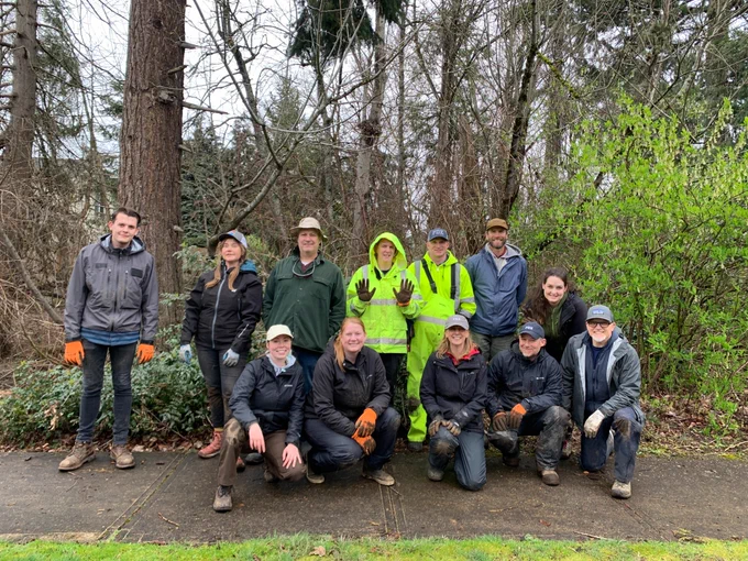 Our environmental team volunteered to plant 250 native trees and shrubs in the Wilkes Creek Natural Area east of PDX this spring