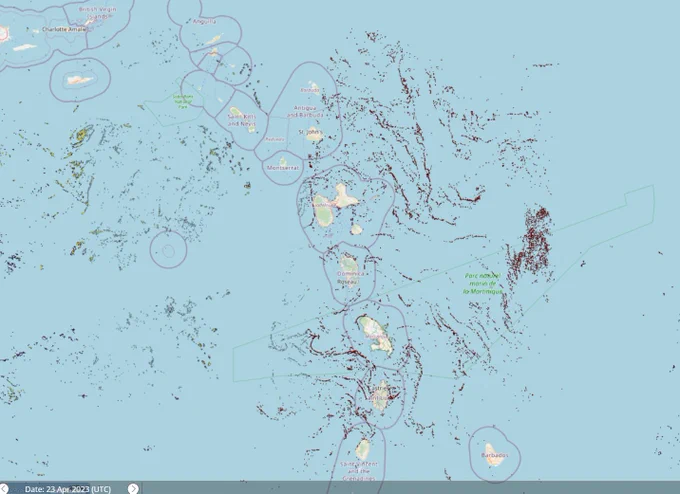 Satellite image of Caribbean islands with loads of Sargassum seaweed detected. Like actually, loads. Think of some seaweed, and then add seaweed to that seaweed.