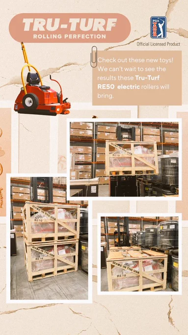 A carousel of golf greens electric rollers made by Tru-turf for golf greens and sports turf. Tru-turf deliveries around the world and is a leading industry supplier of golf greens roller with its patented technology. 