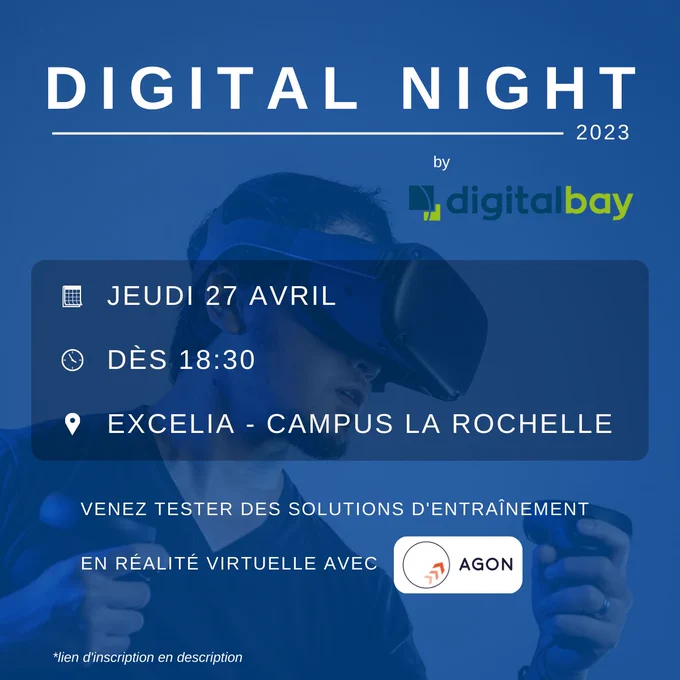 Affiche pour l'événement Digital Night 2023 qui se tiendra à La Rochelle le jeudi 27 avril dès 18:30 (inscription obligatoire) 